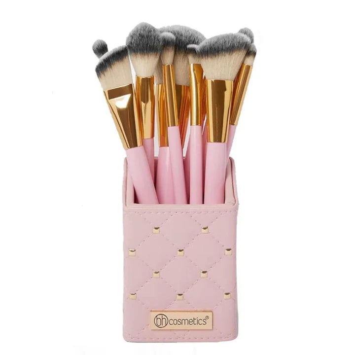Luxury Studded Couture 12-Piece Makeup Brush Set with Travel Case – Pink & Gold Professional Face & Eye Brushes Kit