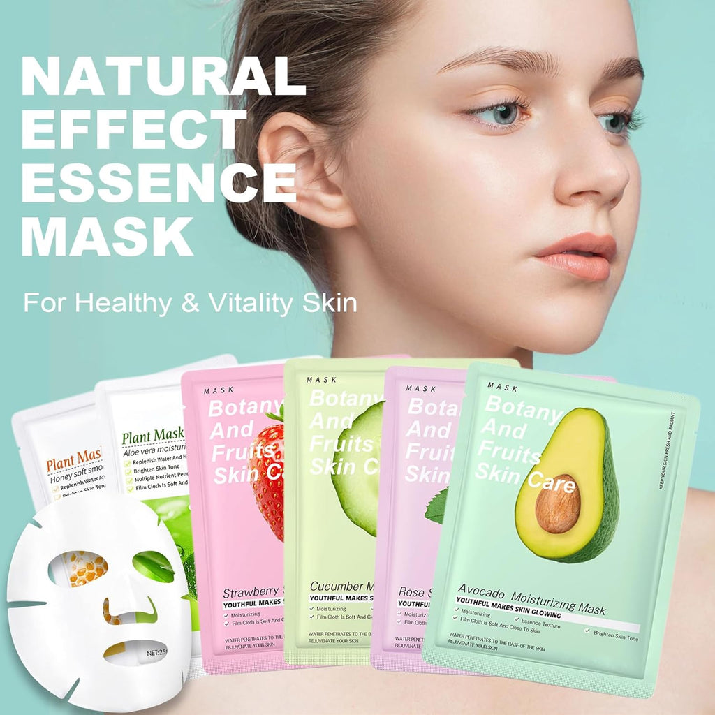 Fruit Extracted Sheet Face Masks Set - 6 Pack Hydrating & Nourishing Skincare for Dull, Tired Skin