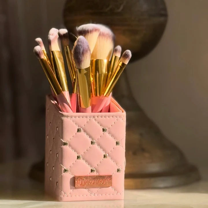 Luxury Studded Couture 12-Piece Makeup Brush Set with Travel Case – Pink & Gold Professional Face & Eye Brushes Kit