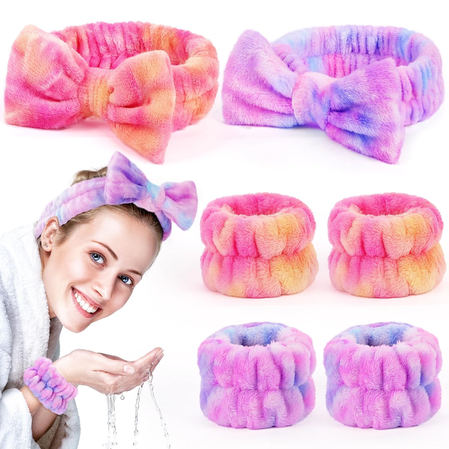 Spa Headband and Wristband Set for Women & Teens | Soft Coral Fleece Hair Wrap for Washing Face, Shower, and Skincare