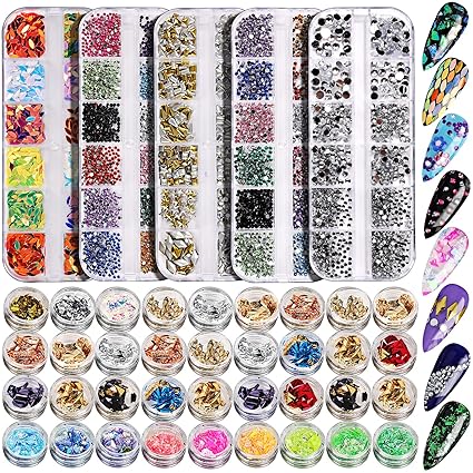 Nail Rhinestones Kit – 6 Boxes Nail Gems & Flakes for Nail Art, Crystal Nail Stones for Acrylic Nails, 3D Nail Decorations DIY Manicure Set