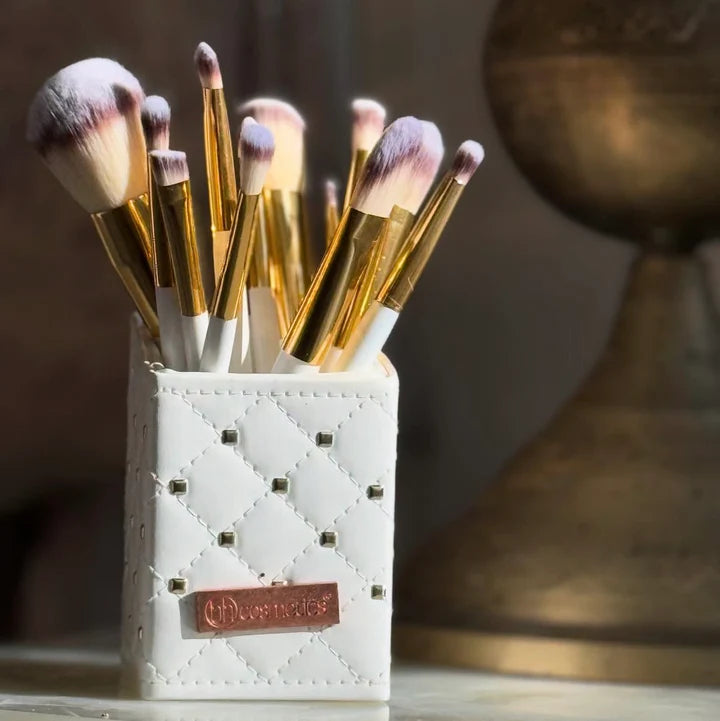 Luxury Studded Couture 12-Piece Makeup Brush Set with Travel Case – Pink & Gold Professional Face & Eye Brushes Kit