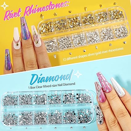 Nail Rhinestones Kit – 6 Boxes Nail Gems & Flakes for Nail Art, Crystal Nail Stones for Acrylic Nails, 3D Nail Decorations DIY Manicure Set