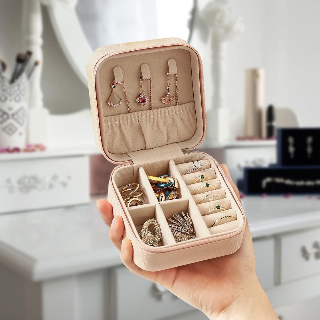 Portable Travel Jewelry Organizer - Mini Jewelry Case for Rings, Earrings, Necklaces | Pink Storage Holder