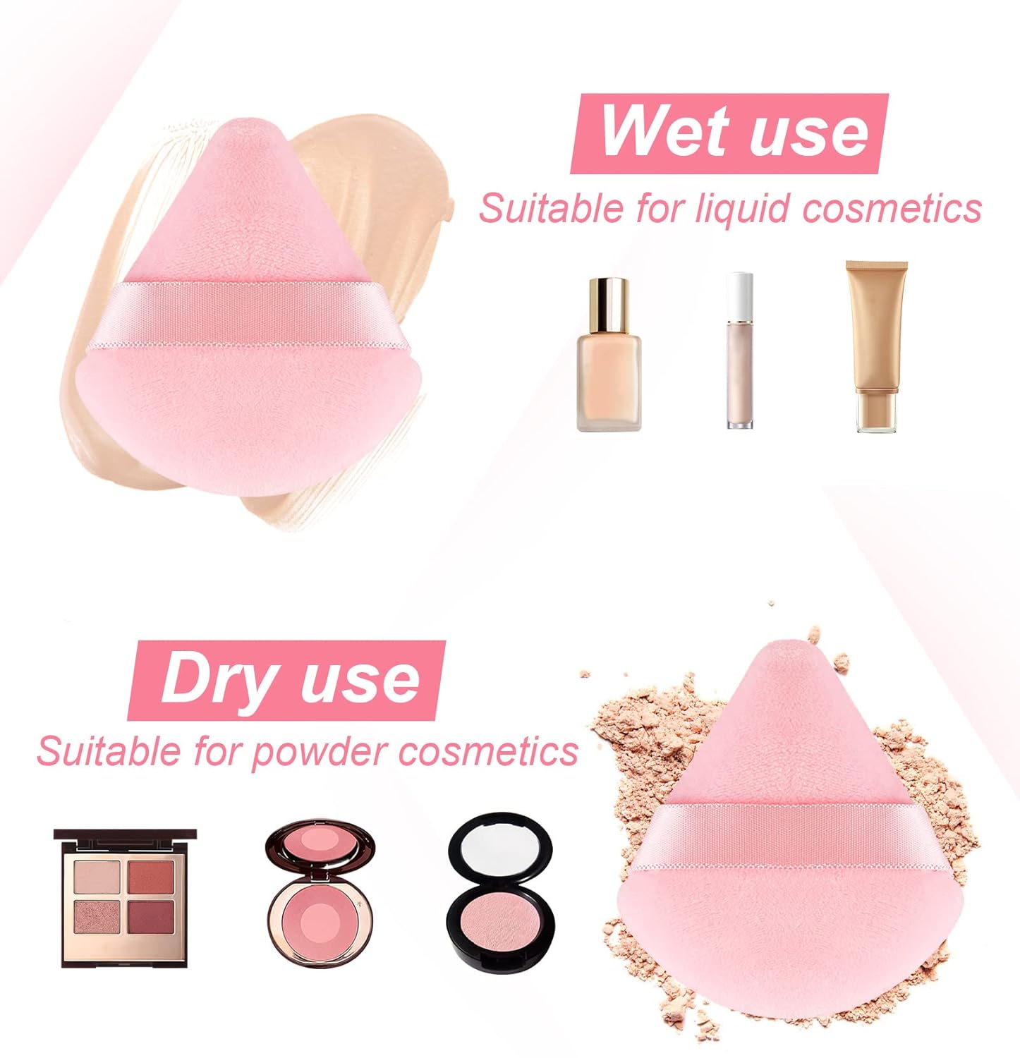 Ultra-Soft Velour Powder Puff - Triangle Makeup Sponge for Loose Setting Powder, Liquid Foundation Blender, Reusable Beauty Blending Tool