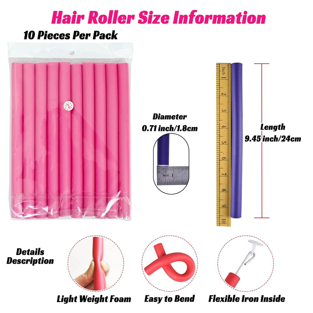 Heatless Flexi Rods Set for Overnight Curls | 10-Pack No-Heat Hair Rollers for Short, Medium & Long Hair