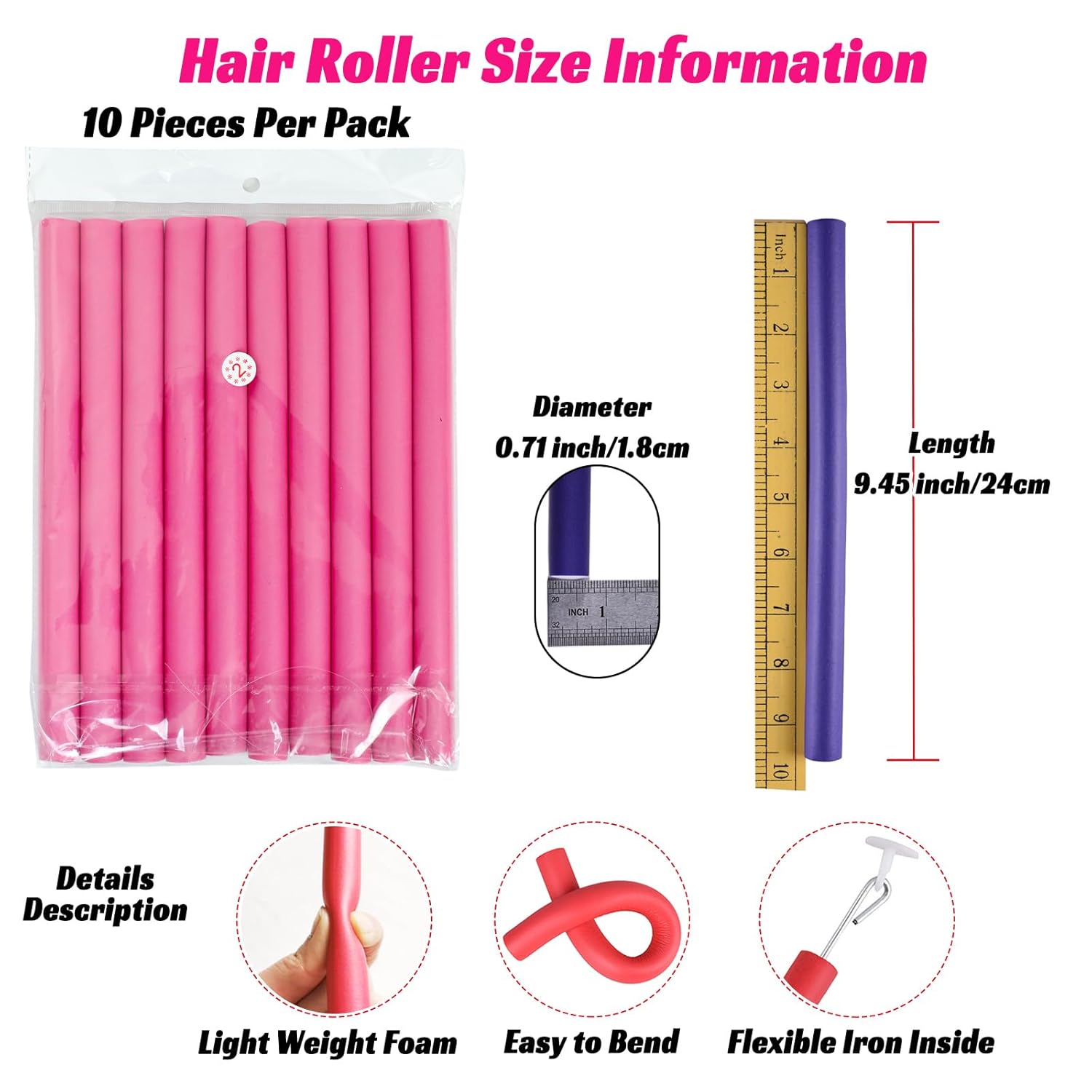 Heatless Flexi Rods Set for Overnight Curls | 10-Pack No-Heat Hair Rollers for Short, Medium & Long Hair
