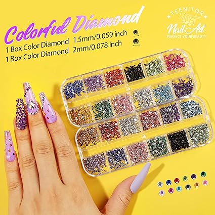 Nail Rhinestones Kit – 6 Boxes Nail Gems & Flakes for Nail Art, Crystal Nail Stones for Acrylic Nails, 3D Nail Decorations DIY Manicure Set