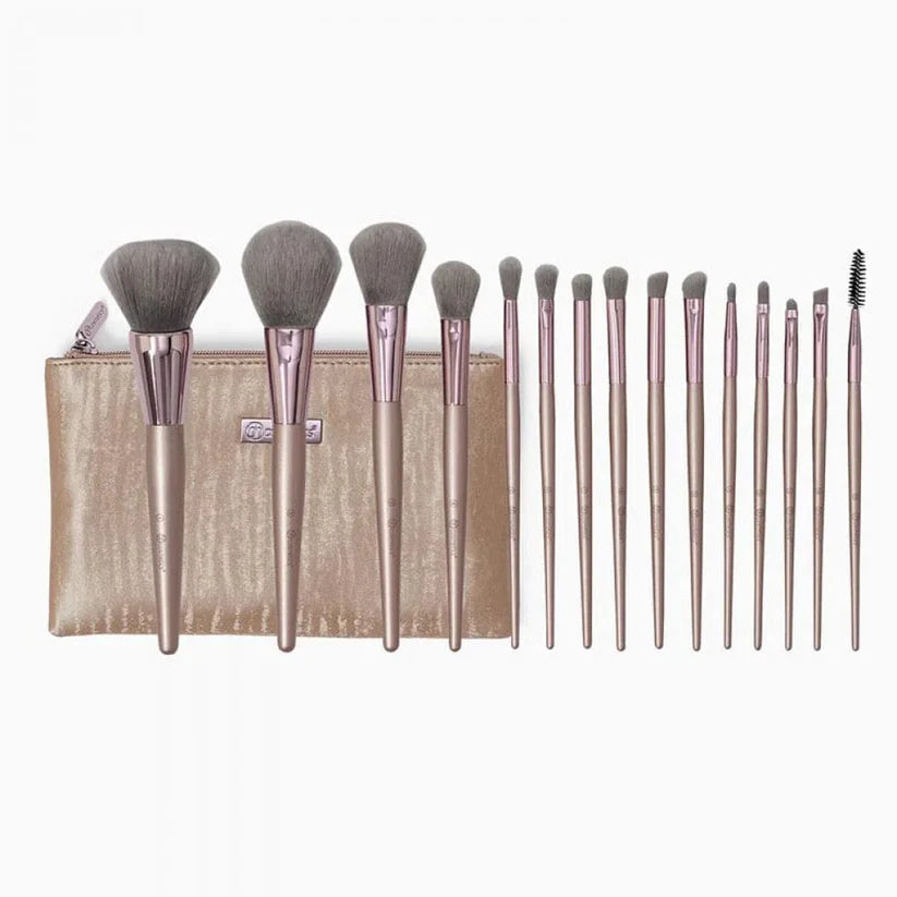 Premium 15-Piece Makeup Brush Set with 2 Beauty Blenders | Pro Vegan Brush Kit for Flawless Foundation, Contour & Eyeshadow