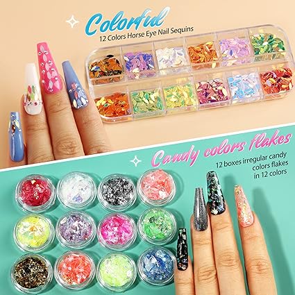 Nail Rhinestones Kit – 6 Boxes Nail Gems & Flakes for Nail Art, Crystal Nail Stones for Acrylic Nails, 3D Nail Decorations DIY Manicure Set