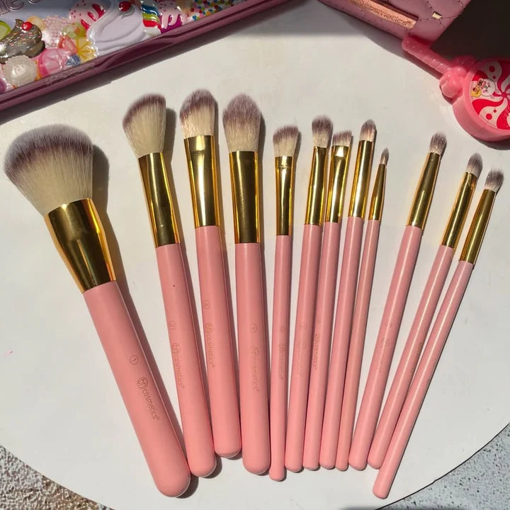 Luxury Studded Couture 12-Piece Makeup Brush Set with Travel Case – Pink & Gold Professional Face & Eye Brushes Kit