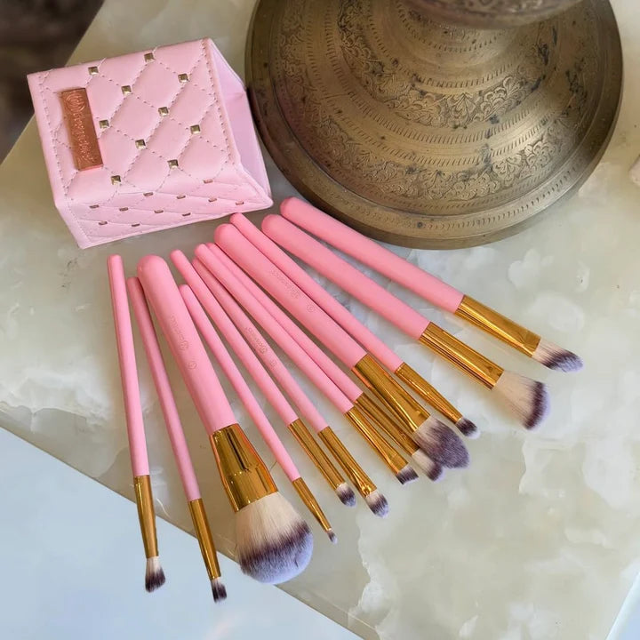 Luxury Studded Couture 12-Piece Makeup Brush Set with Travel Case – Pink & Gold Professional Face & Eye Brushes Kit