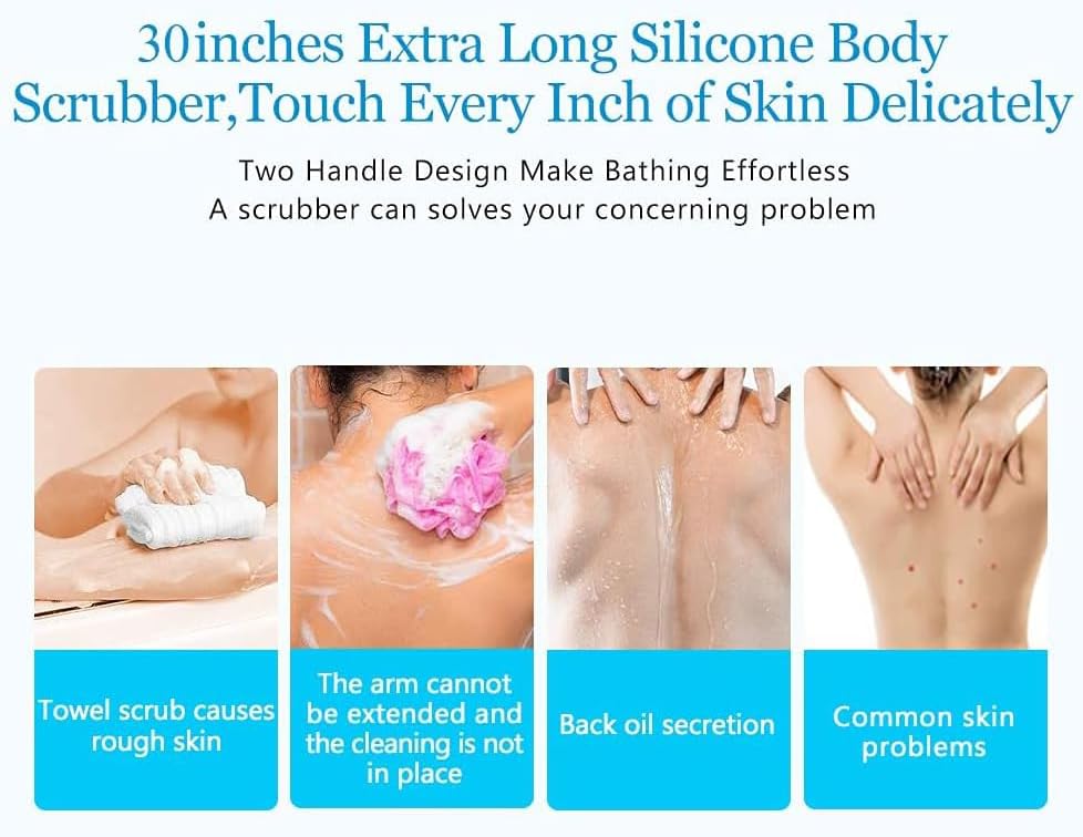 Exfoliating Back Scrubber with Long Handle - Reusable Silicone Body Brush for Shower