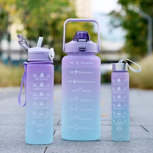 3 in 1 Set 2L 900ML 300ML Gallon Botella De Agua Bpa Free Plastic Gym Sports Motivational Botol Minum Water Bottle With Time Marker Straw