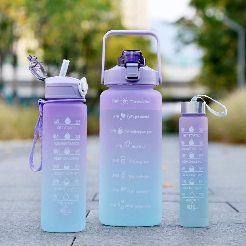 3 in 1 Set 2L 900ML 300ML Gallon Botella De Agua Bpa Free Plastic Gym Sports Motivational Botol Minum Water Bottle With Time Marker Straw
