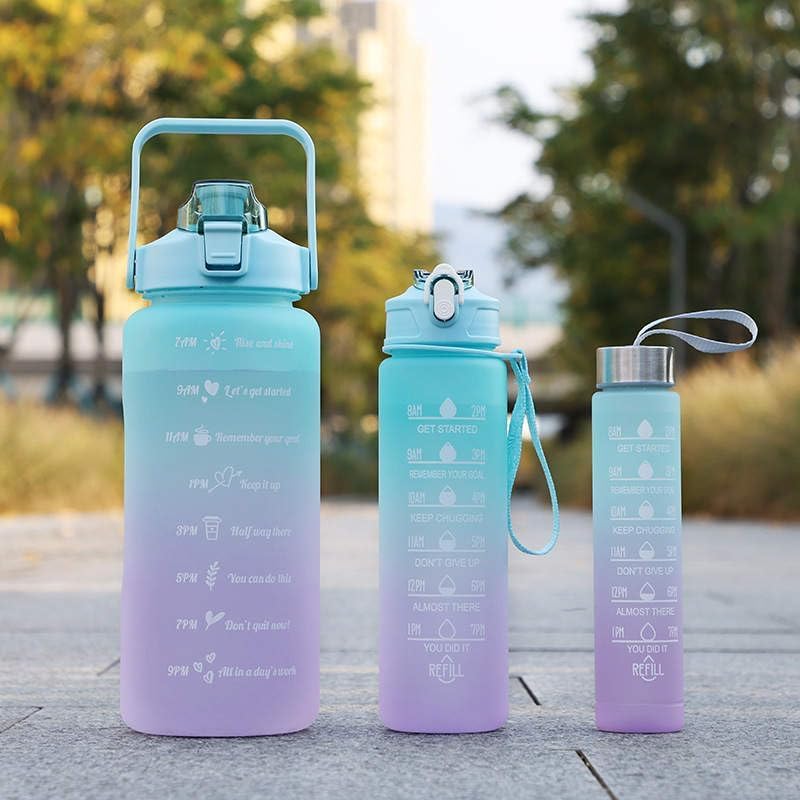 3 in 1 Set 2L 900ML 300ML Gallon Botella De Agua Bpa Free Plastic Gym Sports Motivational Botol Minum Water Bottle With Time Marker Straw