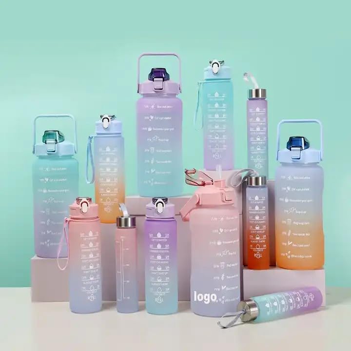 3 in 1 Set 2L 900ML 300ML Gallon Botella De Agua Bpa Free Plastic Gym Sports Motivational Botol Minum Water Bottle With Time Marker Straw