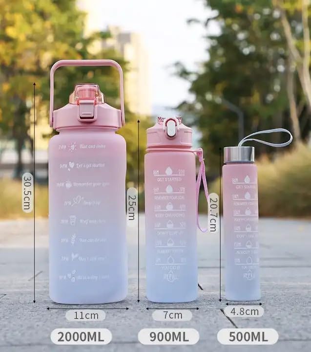 3 in 1 Set 2L 900ML 300ML Gallon Botella De Agua Bpa Free Plastic Gym Sports Motivational Botol Minum Water Bottle With Time Marker Straw