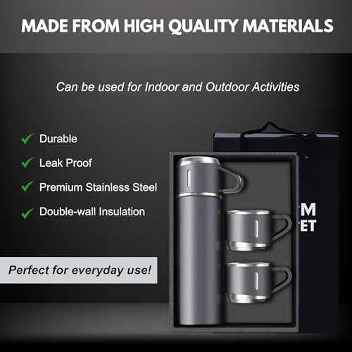 Vacuum Flask Set - Insulated Water Bottle w/ 3 Cups Gift Set - Thermos Water Bottle for Hot and Cold Drinks - Reusable Stainless Steel Water Bottles for Indoor and Outdoor Activities (17 Fl Oz)