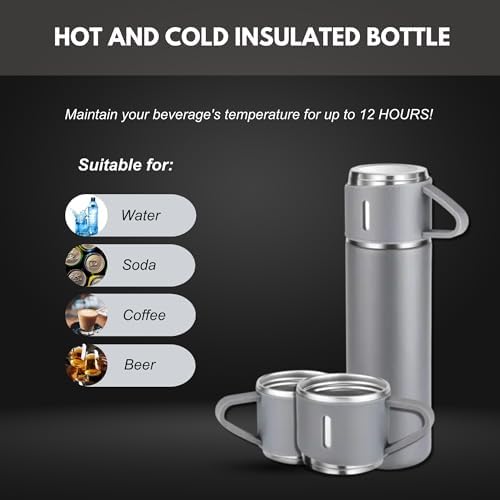 Vacuum Flask Set - Insulated Water Bottle w/ 3 Cups Gift Set - Thermos Water Bottle for Hot and Cold Drinks - Reusable Stainless Steel Water Bottles for Indoor and Outdoor Activities (17 Fl Oz)