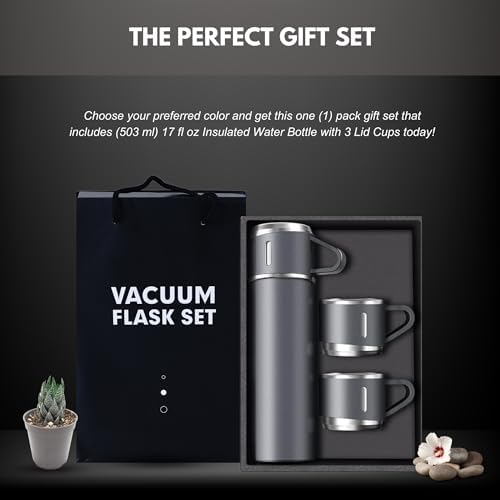 Vacuum Flask Set - Insulated Water Bottle w/ 3 Cups Gift Set - Thermos Water Bottle for Hot and Cold Drinks - Reusable Stainless Steel Water Bottles for Indoor and Outdoor Activities (17 Fl Oz)