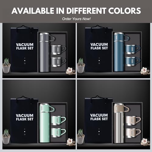 Vacuum Flask Set - Insulated Water Bottle w/ 3 Cups Gift Set - Thermos Water Bottle for Hot and Cold Drinks - Reusable Stainless Steel Water Bottles for Indoor and Outdoor Activities (17 Fl Oz)