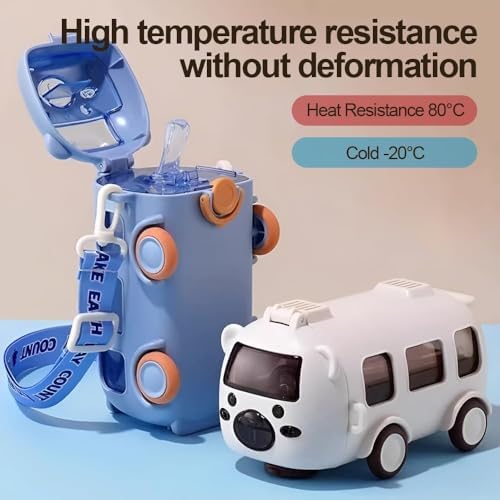 Bus Straw Water Bottle With Strap,17oz Portable Cute Bear Car Water Bottles with Movable Wheels, Leakproof BPA free Bear Drinking Jug for Camping Trips Girls School Sports