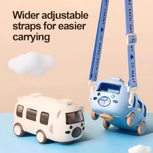Bus Straw Water Bottle With Strap,17oz Portable Cute Bear Car Water Bottles with Movable Wheels, Leakproof BPA free Bear Drinking Jug for Camping Trips Girls School Sports