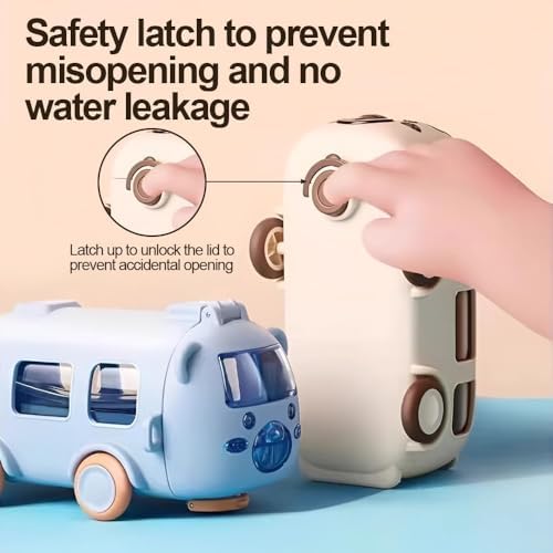 Bus Straw Water Bottle With Strap,17oz Portable Cute Bear Car Water Bottles with Movable Wheels, Leakproof BPA free Bear Drinking Jug for Camping Trips Girls School Sports