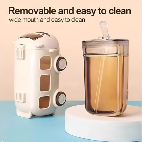 Bus Straw Water Bottle With Strap,17oz Portable Cute Bear Car Water Bottles with Movable Wheels, Leakproof BPA free Bear Drinking Jug for Camping Trips Girls School Sports