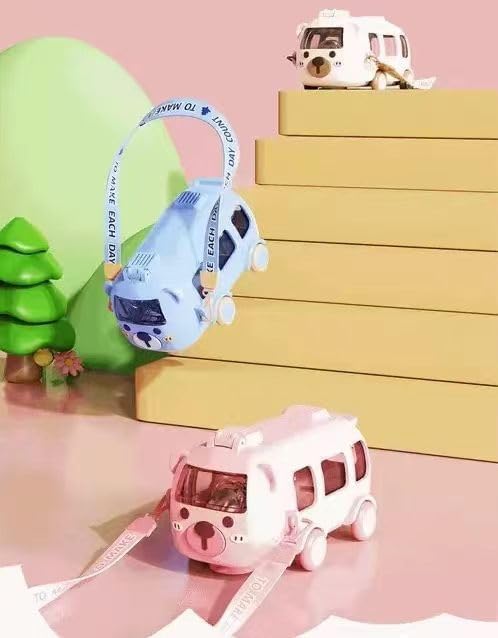 Bus Straw Water Bottle With Strap,17oz Portable Cute Bear Car Water Bottles with Movable Wheels, Leakproof BPA free Bear Drinking Jug for Camping Trips Girls School Sports