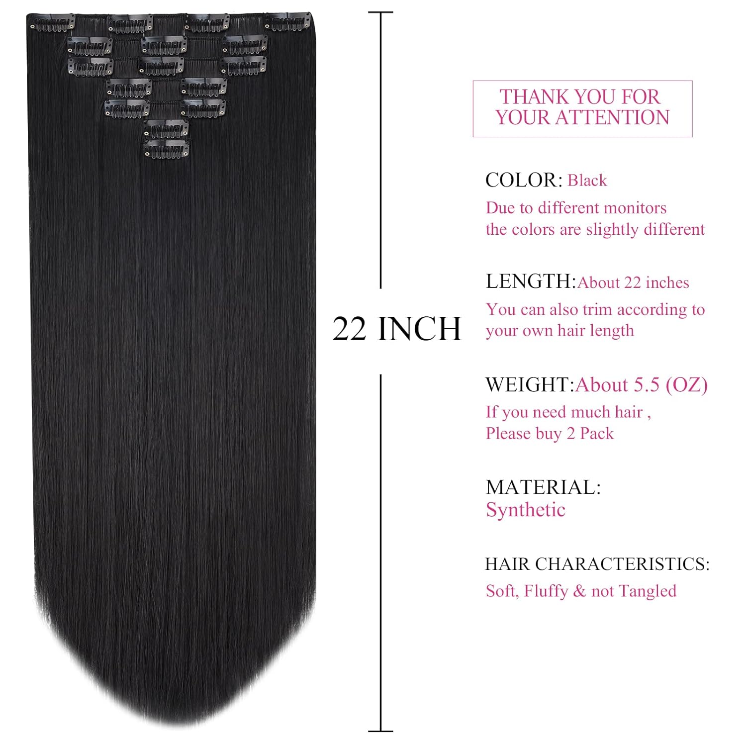 Natural Look Synthetic Hair Extensions for Girls & Teens | Soft & Tangle-Free Black Hair