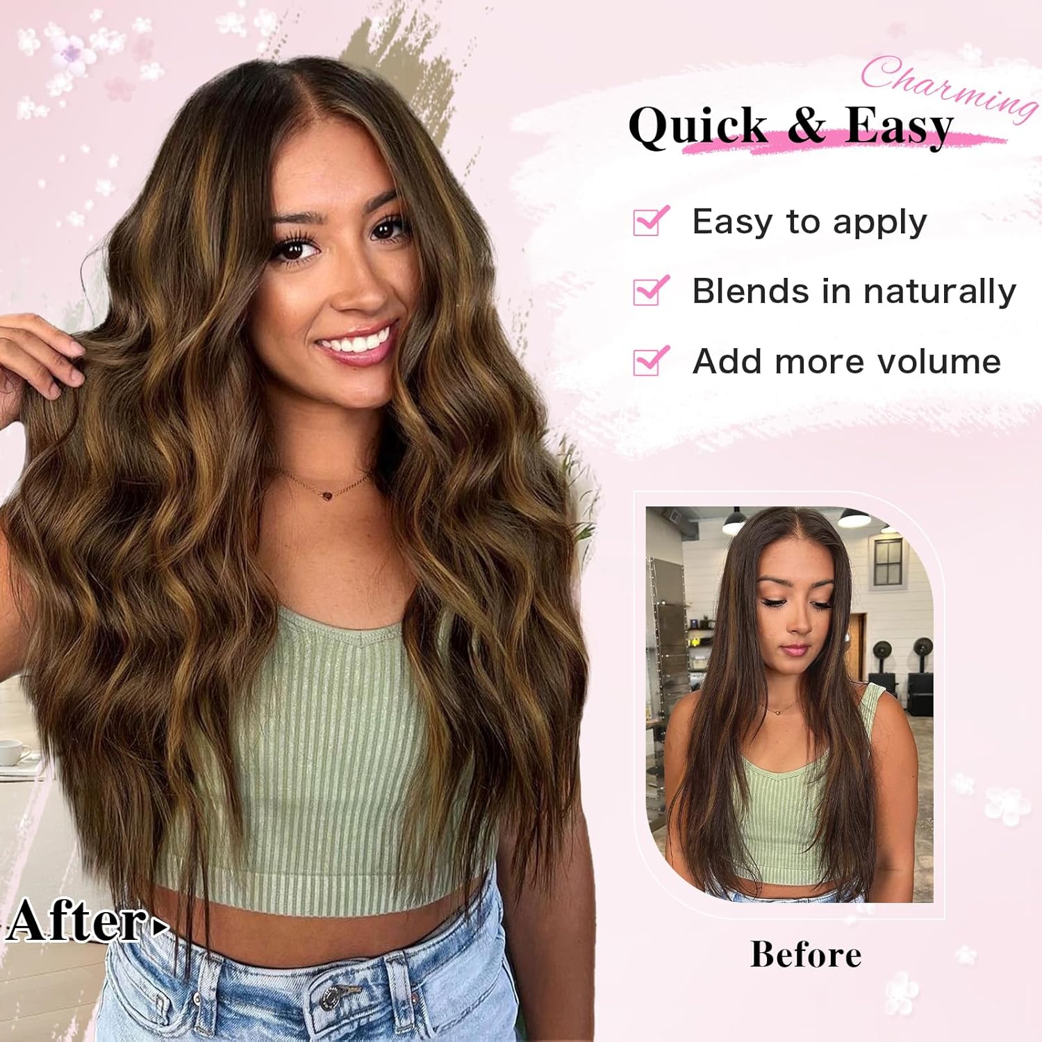 Elevate Your Style with Luxurious, Long Wavy Hair Extensions.